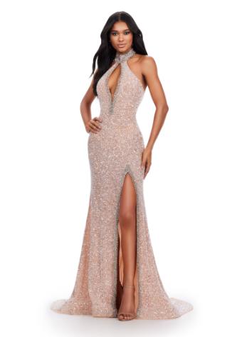 11634 Halter Beaded Gown with Keyhole Cut Out
