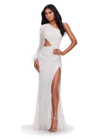 11649 One Sleeve Beaded Dress with Feather Cuff