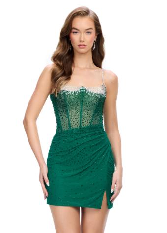 4690 Spaghetti Strap Cocktail with Left Leg Slit and Corset Bustier