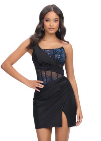 4691 One Shoulder Jersey Cocktail Dress with Beaded Bustier