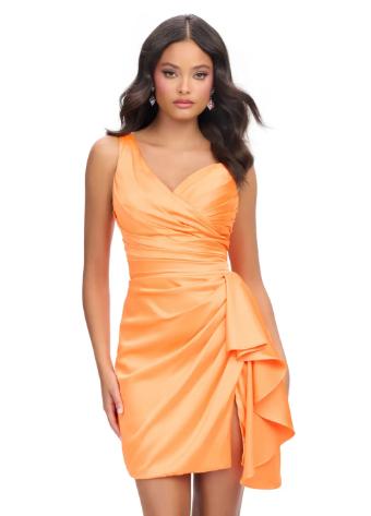 4697 One Shoulder Draped Satin Cocktail with Ruffle