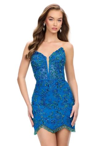 4703 Fully Beaded Strapless Cocktail Dress with Tassel Trim