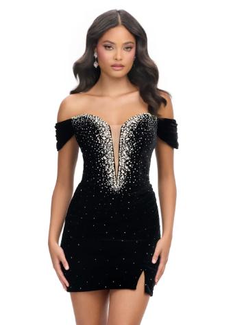 4711 Off Shoulder Velvet Cocktail with V-Neckline and Lace-up Back