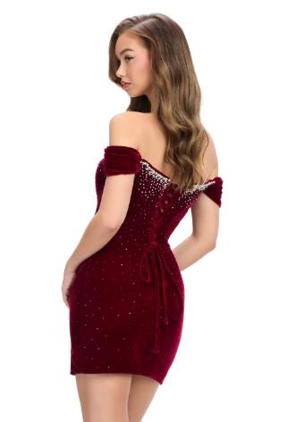 4711 Off Shoulder Velvet Cocktail with V-Neckline and Lace-up Back