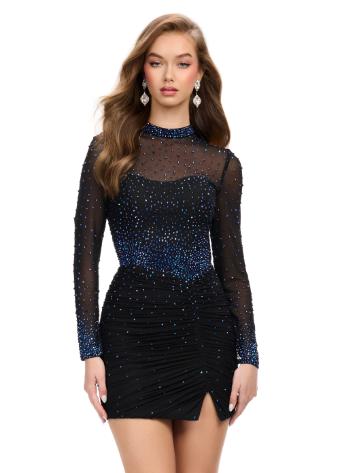 4736 Long Sleeve Crew Neck Cocktail Dress with Heat Set Stones