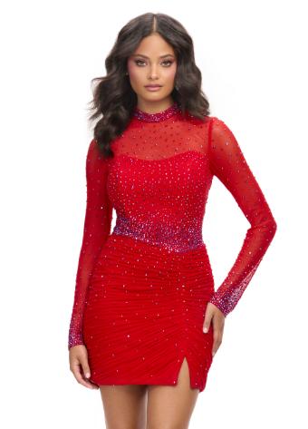 4736 Long Sleeve Crew Neck Cocktail Dress with Heat Set Stones