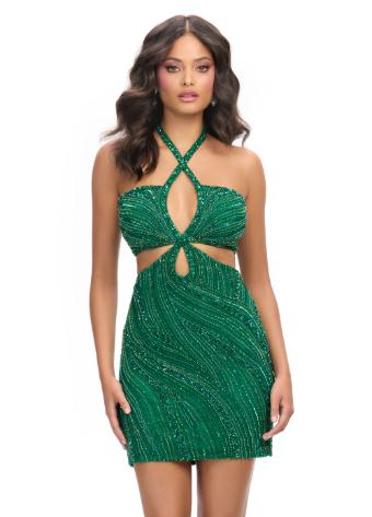 4751 Fully Beaded Halter Cocktail Dress with Cut Outs