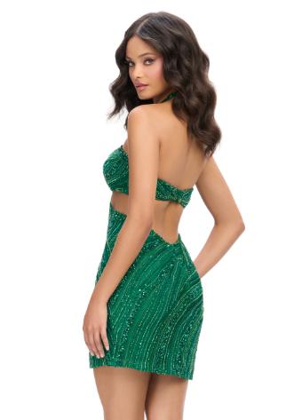 4751 Fully Beaded Halter Cocktail Dress with Cut Outs