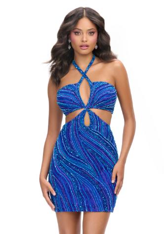 4751 Fully Beaded Halter Cocktail Dress with Cut Outs