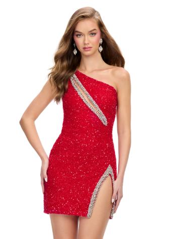 4754 One Shoulder Beaded Cocktail Dress with Open Back and Cut Out