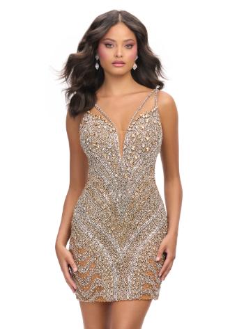 4760 Fully Beaded Cocktail Dress with Plunging Neckline and Beaded Straps