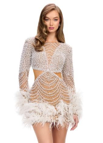 4768 Fully Beaded Cocktail Dress with Cut Outs and Feathers