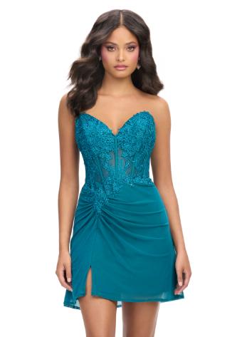 4776 Strapless Cocktail Dress with Corset Bustier and Lace Applique