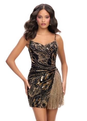 4779 Fully Beaded Cocktail Dress with Side Slit and Fringe Detail