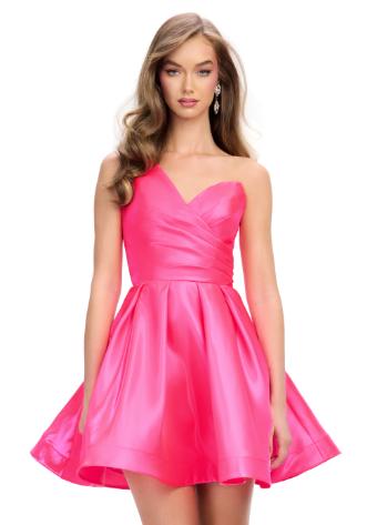 4786 One Shoulder Ruched Satin Cocktail Dress with A-line Skirt