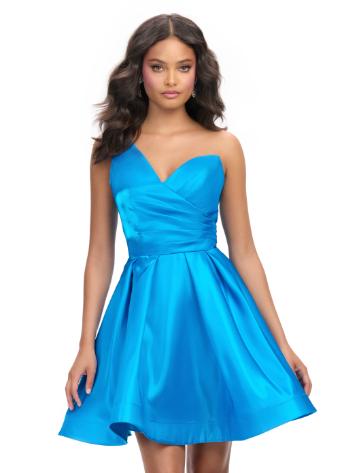 4786 One Shoulder Ruched Satin Cocktail Dress with A-line Skirt