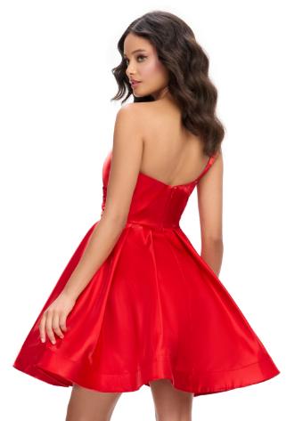 4786 One Shoulder Ruched Satin Cocktail Dress with A-line Skirt