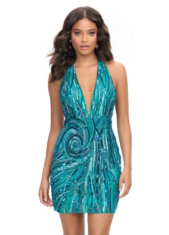 4791 Fully Beaded Halter Cocktail Dress with Open Back and V-Neck