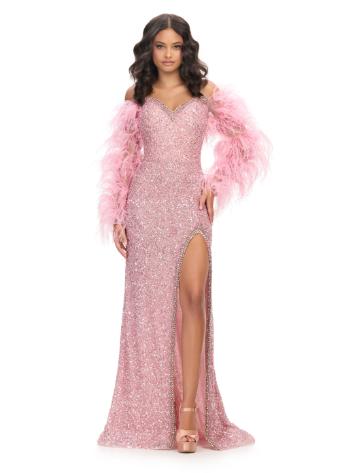 11667 Beaded Gown with Off Shoulder Feather Sleeves