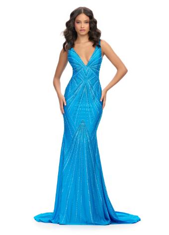 11693 Spaghetti Strap Jersey Gown with Press On Stones and V-Back