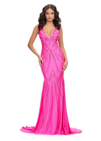 11693 Spaghetti Strap Jersey Gown with Press On Stones and V-Back