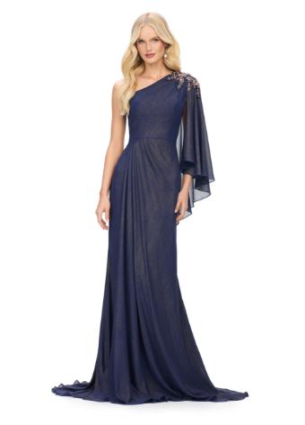 11701 One Shoulder Chiffon Gown with Cascading Ruffle Sleeve