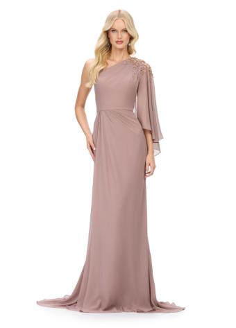 11701 One Shoulder Chiffon Gown with Cascading Ruffle Sleeve