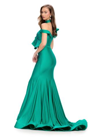 11708 Jersey One Shoulder Gown with Ruffle and Press on Stones