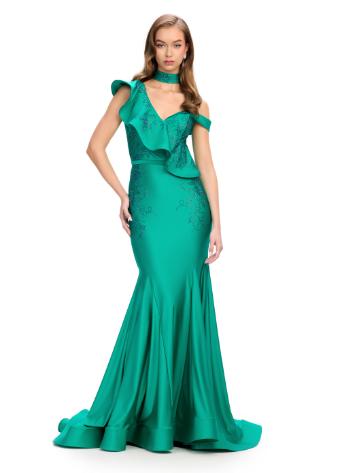 11708 Jersey One Shoulder Gown with Ruffle and Press on Stones