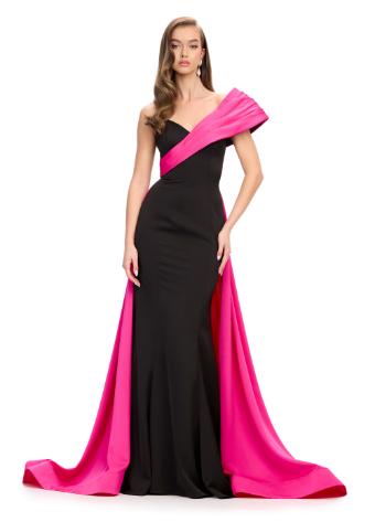 11735 One Shoulder Satin Gown with Overskirt