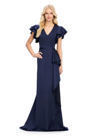 11737 Ruffle Shoulder Crepe Gown with V-Neckline and Side Ruffle