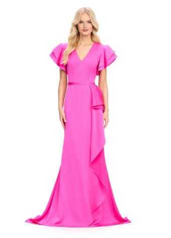 11737 Ruffle Shoulder Crepe Gown with V-Neckline and Side Ruffle