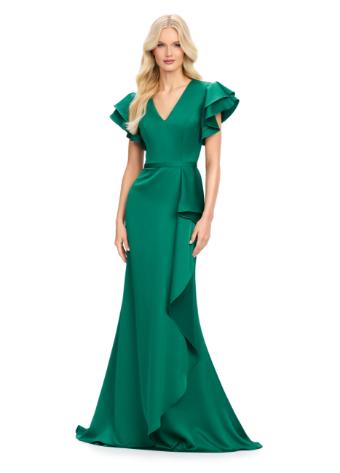 11737 Ruffle Shoulder Crepe Gown with V-Neckline and Side Ruffle