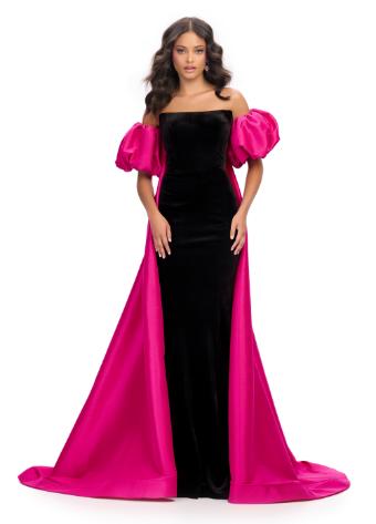 11738 Velvet Strapless Gown with Taffeta Cape and Puff Sleeves