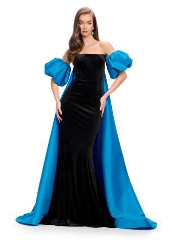 11738 Velvet Strapless Gown with Taffeta Cape and Puff Sleeves