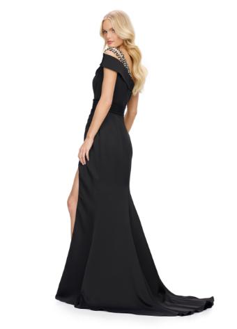 11749 One Shoulder Satin Gown with Left Leg Slit and Sweep Train