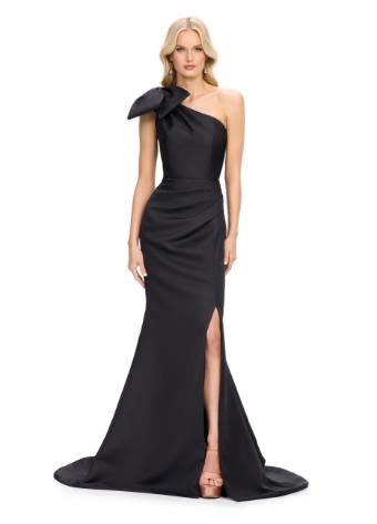 11759 Satin One Shoulder Gown with Oversized Bow and Left Leg Slit