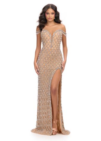 11765 Off Shoulder Fully Beaded Gown with Left Leg Slit