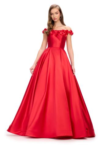 11771 Off Shoulder Ball Gown with Flower Detail and A-Line Skirt