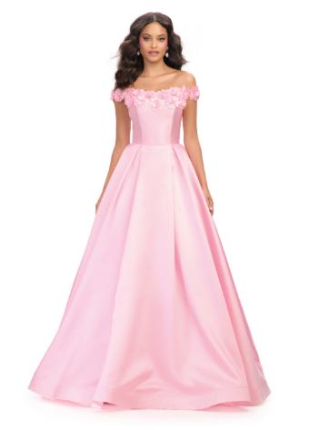 11771 Off Shoulder Ball Gown with Flower Detail and A-Line Skirt