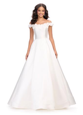 11771 Off Shoulder Ball Gown with Flower Detail and A-Line Skirt