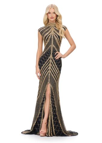 1624 High Neck Beaded Gown with Center Slit