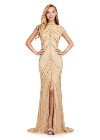 1624 High Neck Beaded Gown with Center Slit