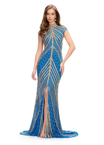 1624 High Neck Beaded Gown with Center Slit