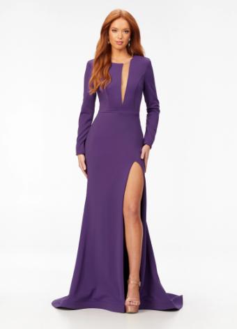 11018 Long Sleeve Scuba Gown with Asymmetrical Cut Out